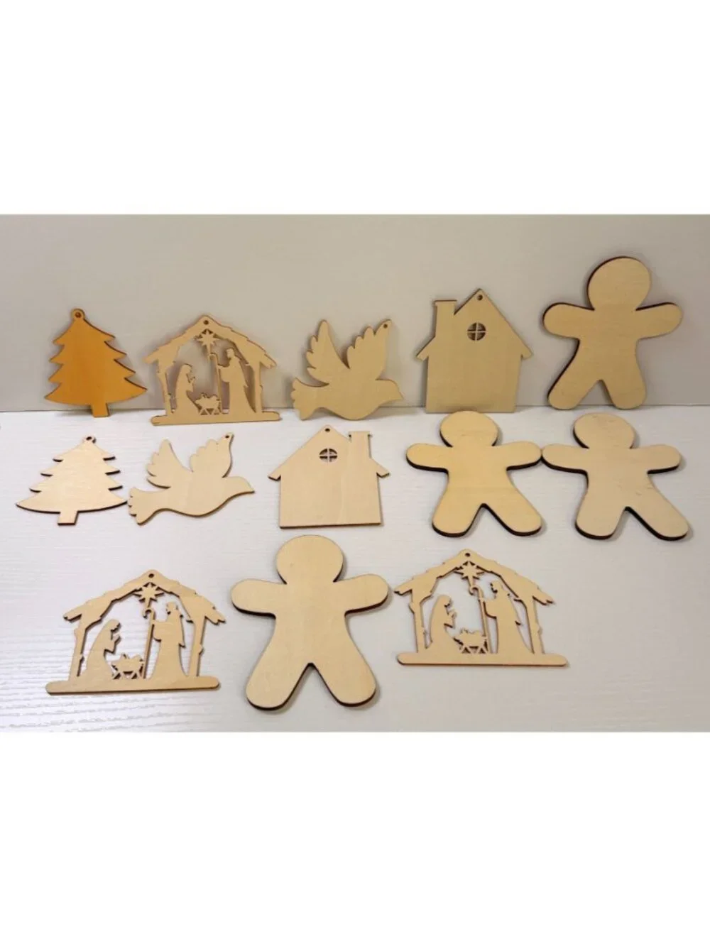 Wooden Christmas Ornament Lot of 13 Crafts Nativity Trees Doves Gingerbread Men